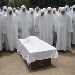 In the aftermath of devastating disaster, a solemn scene as the crowd quietly wraps the intact cadaver in pure, white shroud, honoring the departed under the shadow of grief and respect.