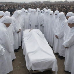 In the aftermath of devastating disaster, a solemn scene as the crowd quietly wraps the intact cadaver in pure, white shroud, honoring the departed under the shadow of grief and respect.