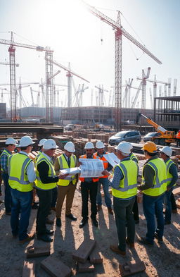 A bustling construction site filled with engineers overseeing various projects
