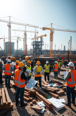 A bustling construction site filled with engineers overseeing various projects