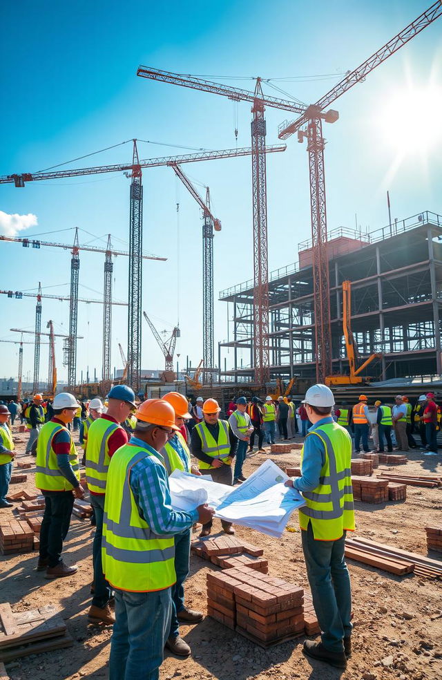 A bustling construction site filled with engineers overseeing various projects