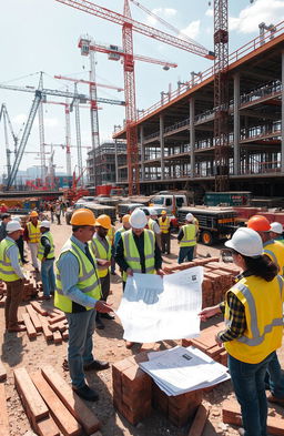 A bustling construction site filled with engineers overseeing various projects