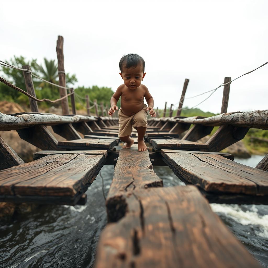 A front-angle view of a small child cautiously crossing a broken bridge