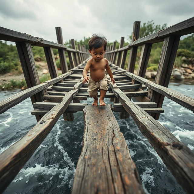 A front-angle view of a small child cautiously crossing a broken bridge