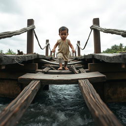 A front-angle view of a small child cautiously crossing a broken bridge