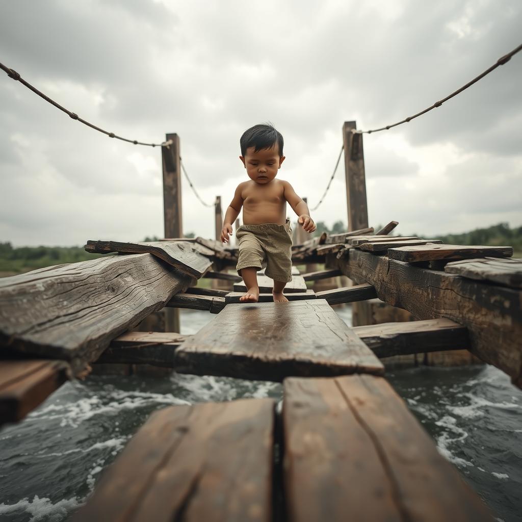 A front-angle view of a small child cautiously crossing a broken bridge