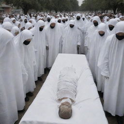 In the aftermath of devastating disaster, a solemn scene as the crowd quietly wraps the intact cadaver in pure, white shroud, honoring the departed under the shadow of grief and respect.