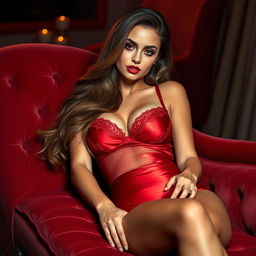 A stunning, alluring woman with long flowing hair, wearing a dazzling red satin lingerie set that hugs her curves, reclining on a plush velvet chaise lounge