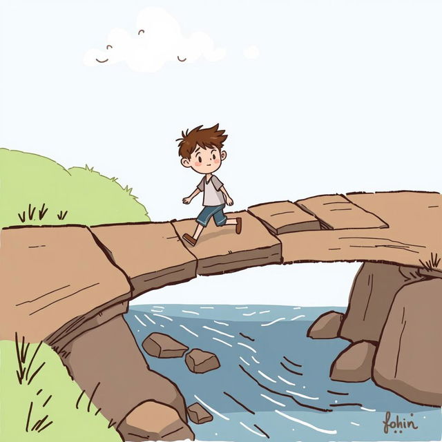 A simple doodle of a boy crossing a broken bridge