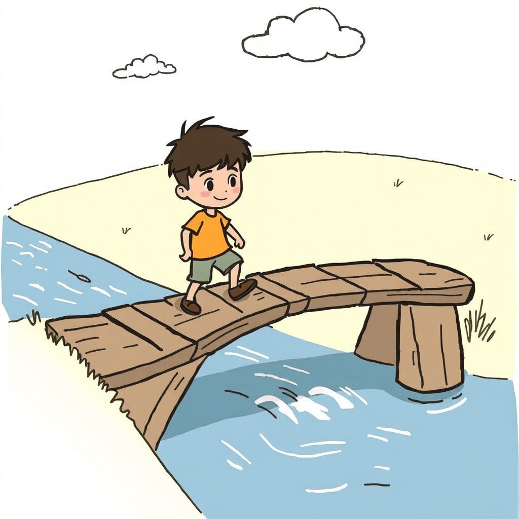 A simple doodle of a boy crossing a broken bridge