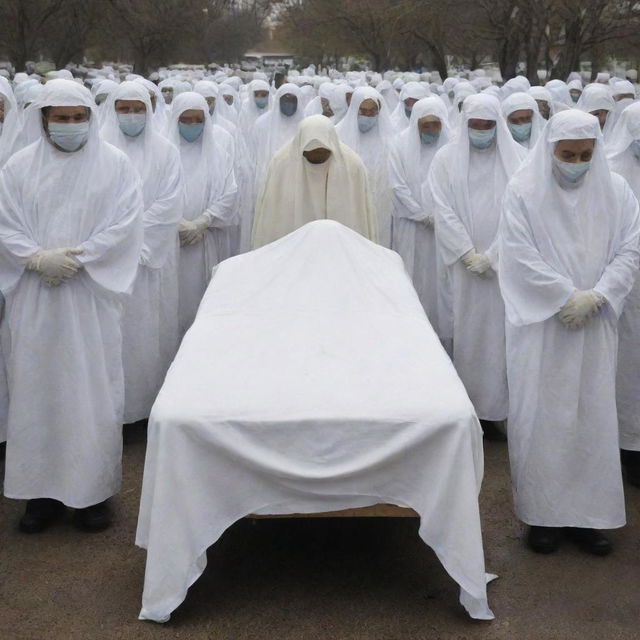 In the aftermath of devastating disaster, a solemn scene as the crowd quietly wraps the intact cadaver in pure, white shroud, honoring the departed under the shadow of grief and respect.