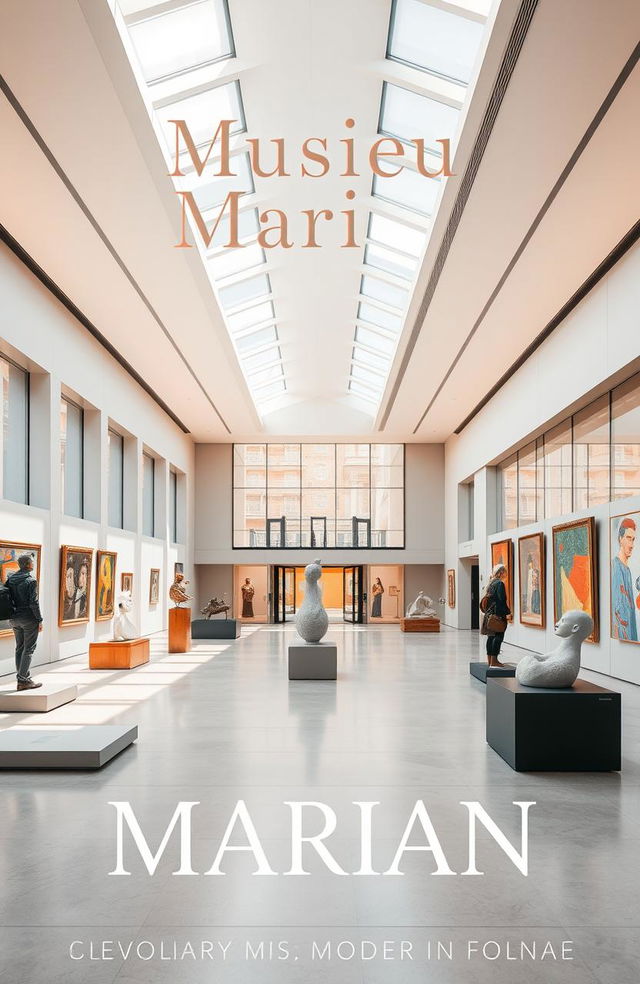 A stylish A4 portrait book cover for 'Musée Marian', dedicated to a person who loves visiting museums and admiring art