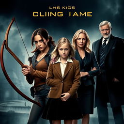 A movie poster featuring the characters Katniss Everdeen, Primrose Everdeen, Peeta Mellark, President Snow, and Herly Brown, who is a woman with blonde hair tinged with pink