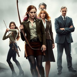 A movie poster featuring the characters Katniss Everdeen, Primrose Everdeen, Peeta Mellark, President Snow, and Herly Brown, who is a woman with blonde hair tinged with pink