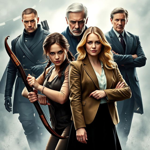 A movie poster featuring the characters Katniss Everdeen, Primrose Everdeen, Peeta Mellark, President Snow, and Herly Brown, who is a woman with blonde hair tinged with pink