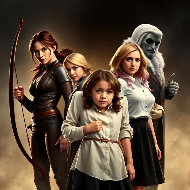 A movie poster featuring the characters Katniss Everdeen, Primrose Everdeen, Peeta Mellark, President Snow, and Herly Brown