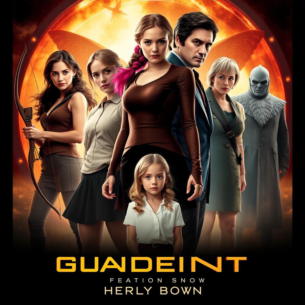 A movie poster featuring the characters Katniss Everdeen, Primrose Everdeen, Peeta Mellark, President Snow, and Herly Brown