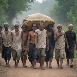 A somber procession of male villagers respectfully carrying the shrouded body on a bier, their collective stoic faces a mirror to their shared grief and strength in the face of adversity.