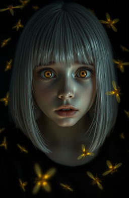 A girl with straight shoulder-length white hair and amber, scared eyes, set against a black background