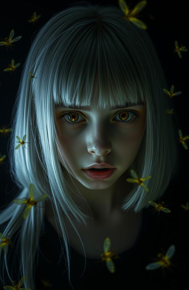 A girl with straight shoulder-length white hair and amber, scared eyes, set against a black background