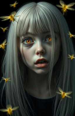 A girl with straight shoulder-length white hair and amber, scared eyes, set against a black background