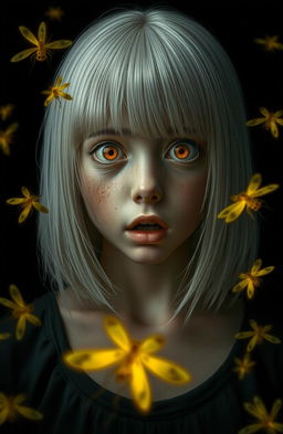 A girl with straight shoulder-length white hair and amber, scared eyes, set against a black background
