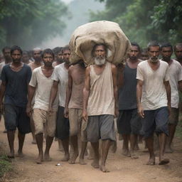 A somber procession of male villagers respectfully carrying the shrouded body on a bier, their collective stoic faces a mirror to their shared grief and strength in the face of adversity.