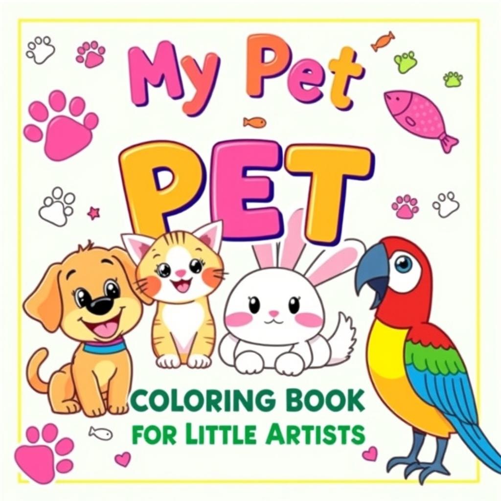 A bright and playful cover for a children's coloring book titled 'My Pet Pals: Coloring Book for Little Artists'