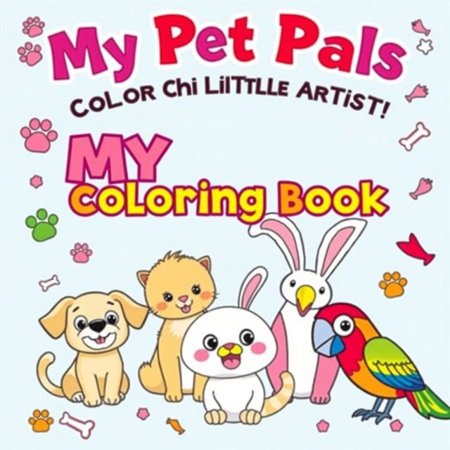 A bright and playful cover for a children's coloring book titled 'My Pet Pals: Coloring Book for Little Artists'