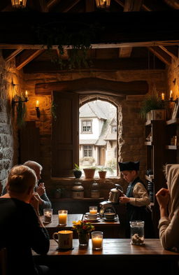 A serene and cozy medieval coffee shop with wooden beams and stone walls