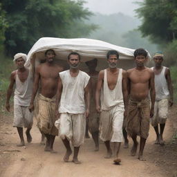 A somber procession of male villagers respectfully carrying the shrouded body on a bier, their collective stoic faces a mirror to their shared grief and strength in the face of adversity.