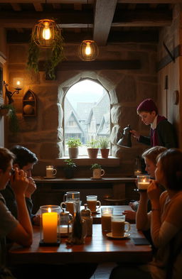 A serene and cozy medieval coffee shop with wooden beams and stone walls