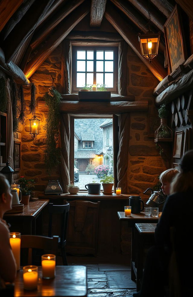 A serene and cozy medieval coffee shop with wooden beams and stone walls