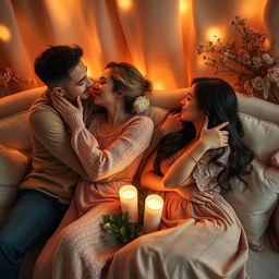 A captivating and intimate scene of two couples sharing a loving moment together, surrounded by a warm and romantic atmosphere