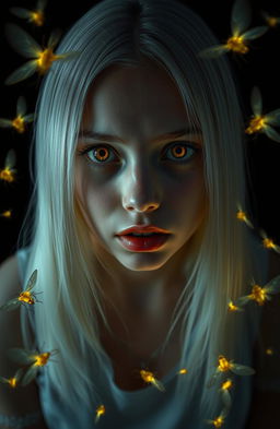 An 18-year-old girl with straight shoulder-length white hair, amber frightened eyes, and a serious expression, set against a black background