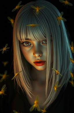 An 18-year-old girl with straight shoulder-length white hair, amber frightened eyes, and a serious expression, set against a black background