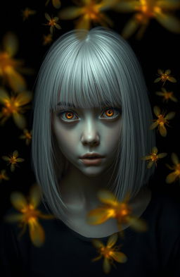 An 18-year-old girl with straight shoulder-length white hair, amber frightened eyes, and a serious expression, set against a black background