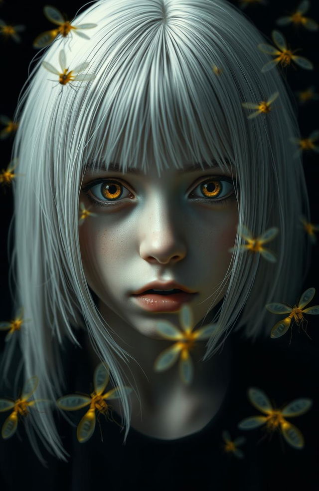 An 18-year-old girl with straight shoulder-length white hair, amber frightened eyes, and a serious expression, set against a black background