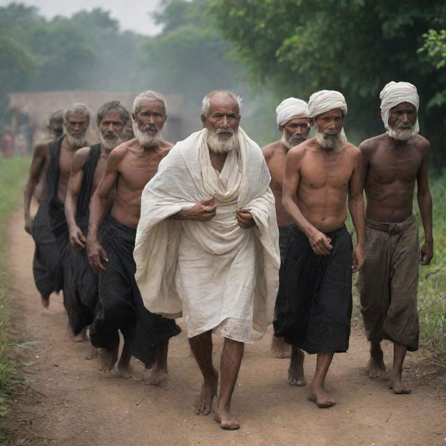 A somber procession of male villagers respectfully carrying the shrouded body on a bier, their collective stoic faces a mirror to their shared grief and strength in the face of adversity.