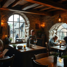 A serene and cozy medieval coffee shop, featuring rustic wooden beams and charming stone walls