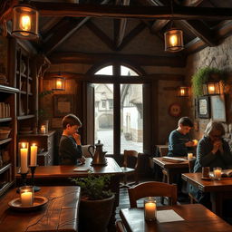 A serene and cozy medieval coffee shop, featuring rustic wooden beams and charming stone walls