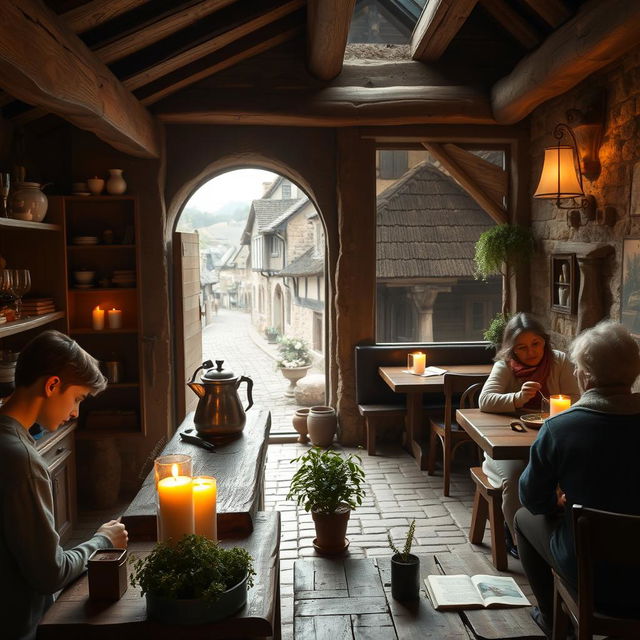 A serene and cozy medieval coffee shop, featuring rustic wooden beams and charming stone walls