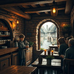 A serene and cozy medieval coffee shop, featuring rustic wooden beams and charming stone walls