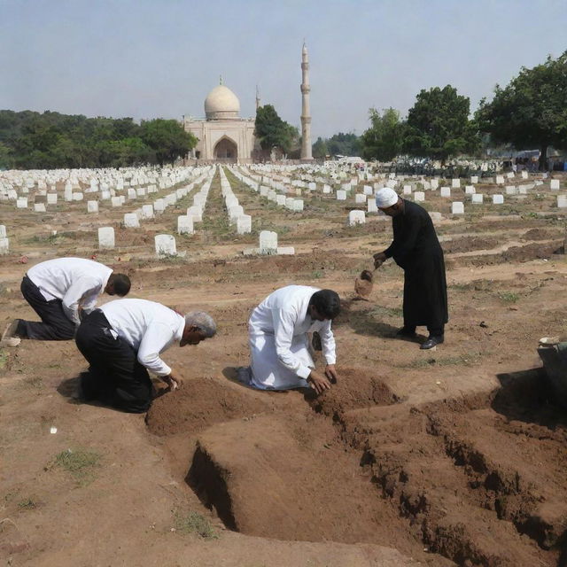 A serene yet sorrowful scene at a cemetery adjacent to the mosque, where Muslim villagers are seen gently placing earth over a fresh grave, their solemn faces reflecting an unspoken respect for the cycle of life and death.