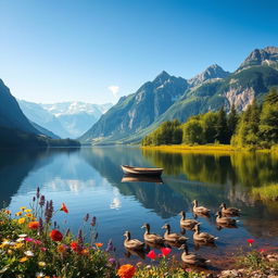 A majestic and serene landscape featuring a tranquil lake surrounded by mountains under a clear blue sky, reflecting the mountains in the calm water