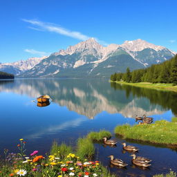 A majestic and serene landscape featuring a tranquil lake surrounded by mountains under a clear blue sky, reflecting the mountains in the calm water