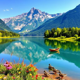 A majestic and serene landscape featuring a tranquil lake surrounded by mountains under a clear blue sky, reflecting the mountains in the calm water