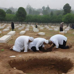 A serene yet sorrowful scene at a cemetery adjacent to the mosque, where Muslim villagers are seen gently placing earth over a fresh grave, their solemn faces reflecting an unspoken respect for the cycle of life and death.