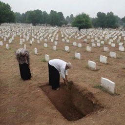 A serene yet sorrowful scene at a cemetery adjacent to the mosque, where Muslim villagers are seen gently placing earth over a fresh grave, their solemn faces reflecting an unspoken respect for the cycle of life and death.