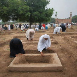 A serene yet sorrowful scene at a cemetery adjacent to the mosque, where Muslim villagers are seen gently placing earth over a fresh grave, their solemn faces reflecting an unspoken respect for the cycle of life and death.